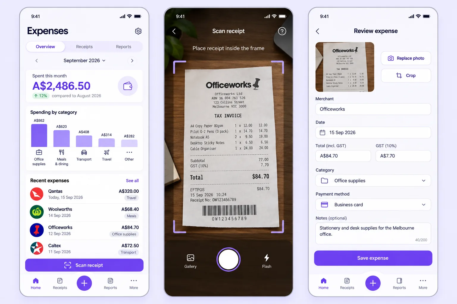 Three screens of an expenses app: monthly spending by category, scanning a receipt and reviewing the captured expense