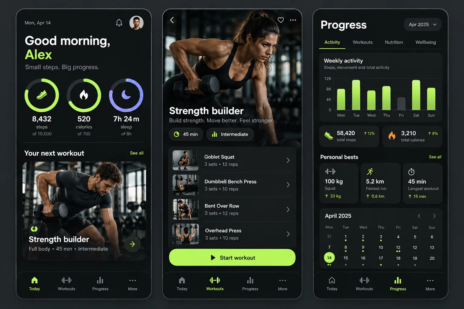 Three screens of a fitness app: daily activity goals, a strength workout plan and weekly progress charts