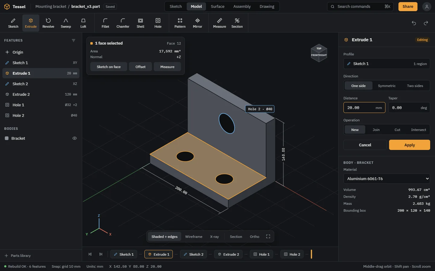 Tessel CAD app showing a mounting bracket part with its feature history, dimensions and extrude settings