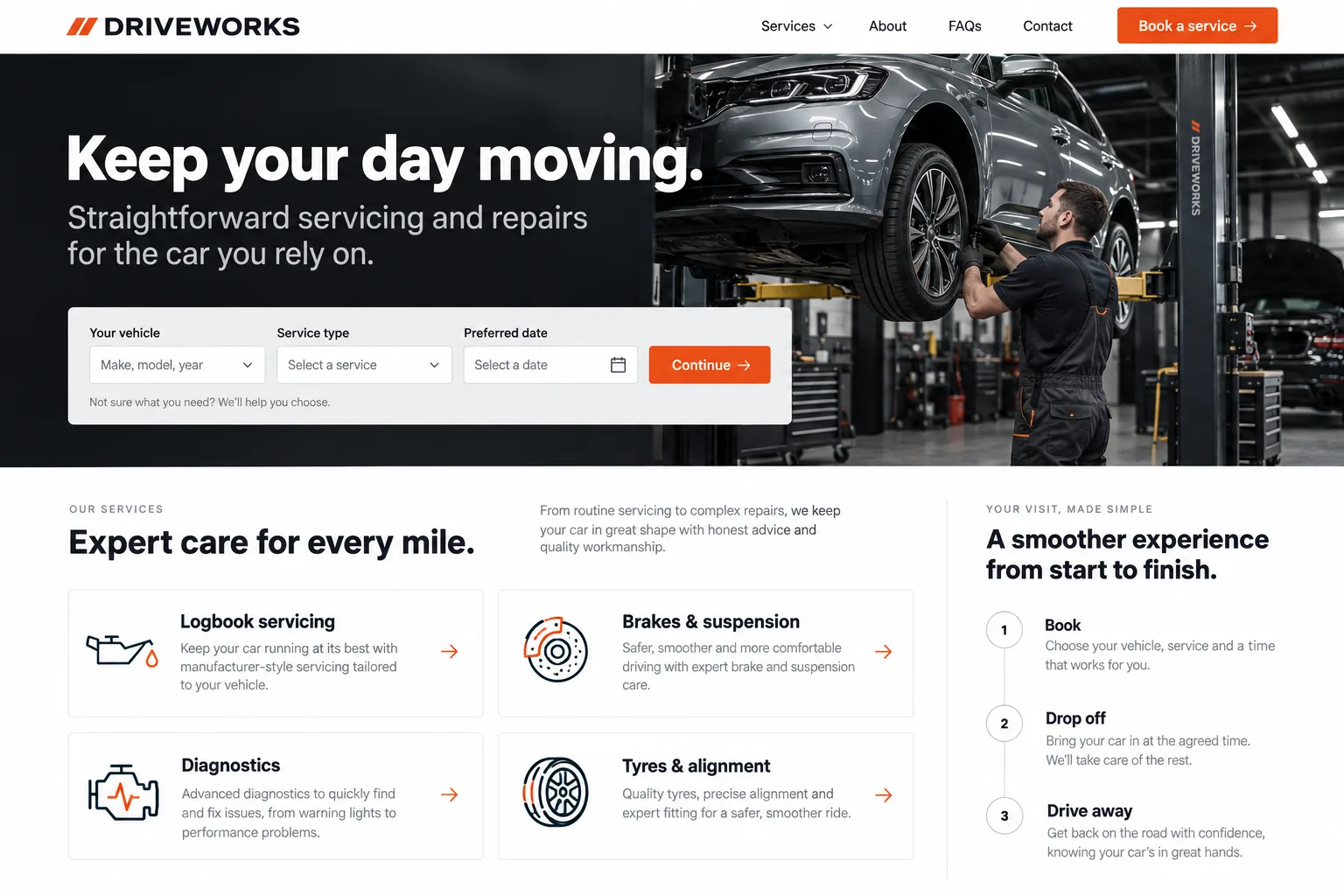 Driveworks car servicing website with a booking form for vehicle, service type and date, and a grid of workshop services