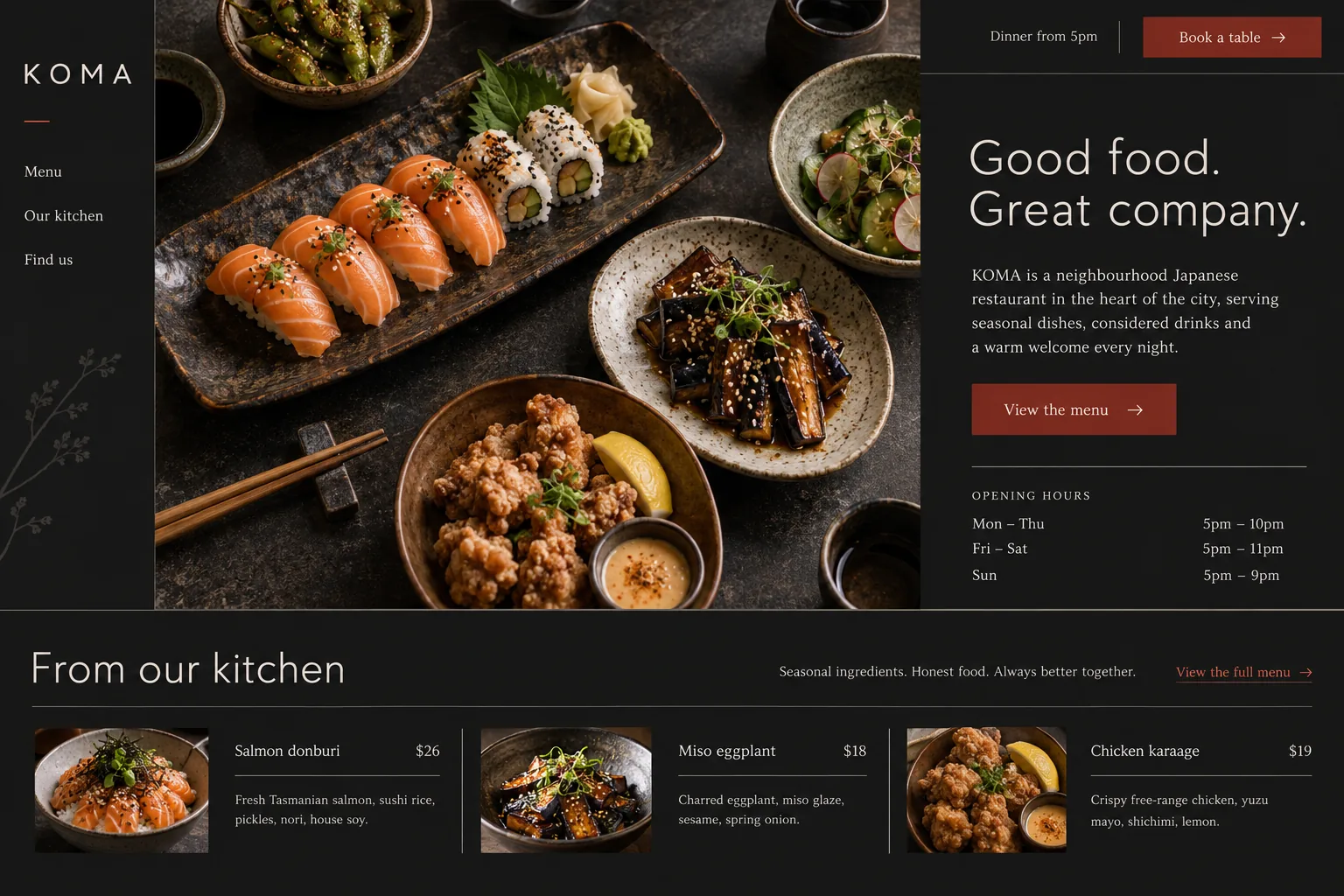KOMA Japanese restaurant website with food photography, a book-a-table button, opening hours and menu dishes with prices