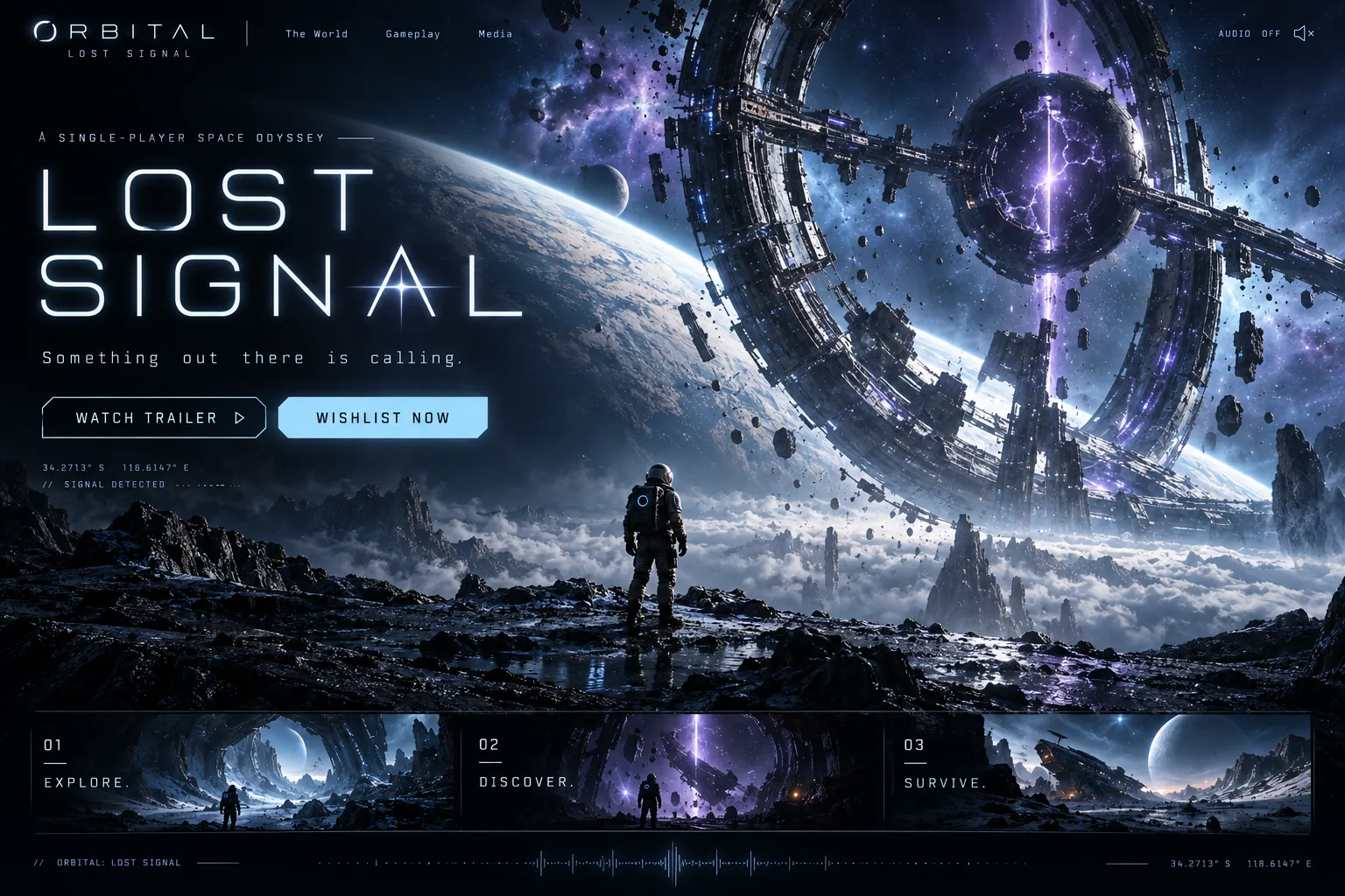 Orbital: Lost Signal game website with a large space scene, the game title and trailer buttons
