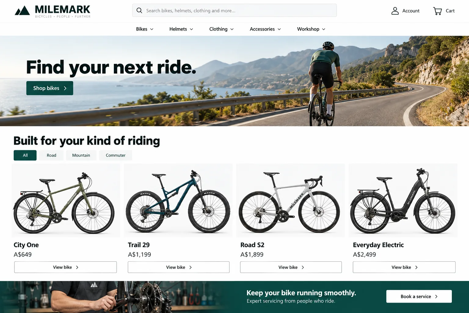 Milemark bicycle shop website with a search bar, category filters and a row of bikes with prices