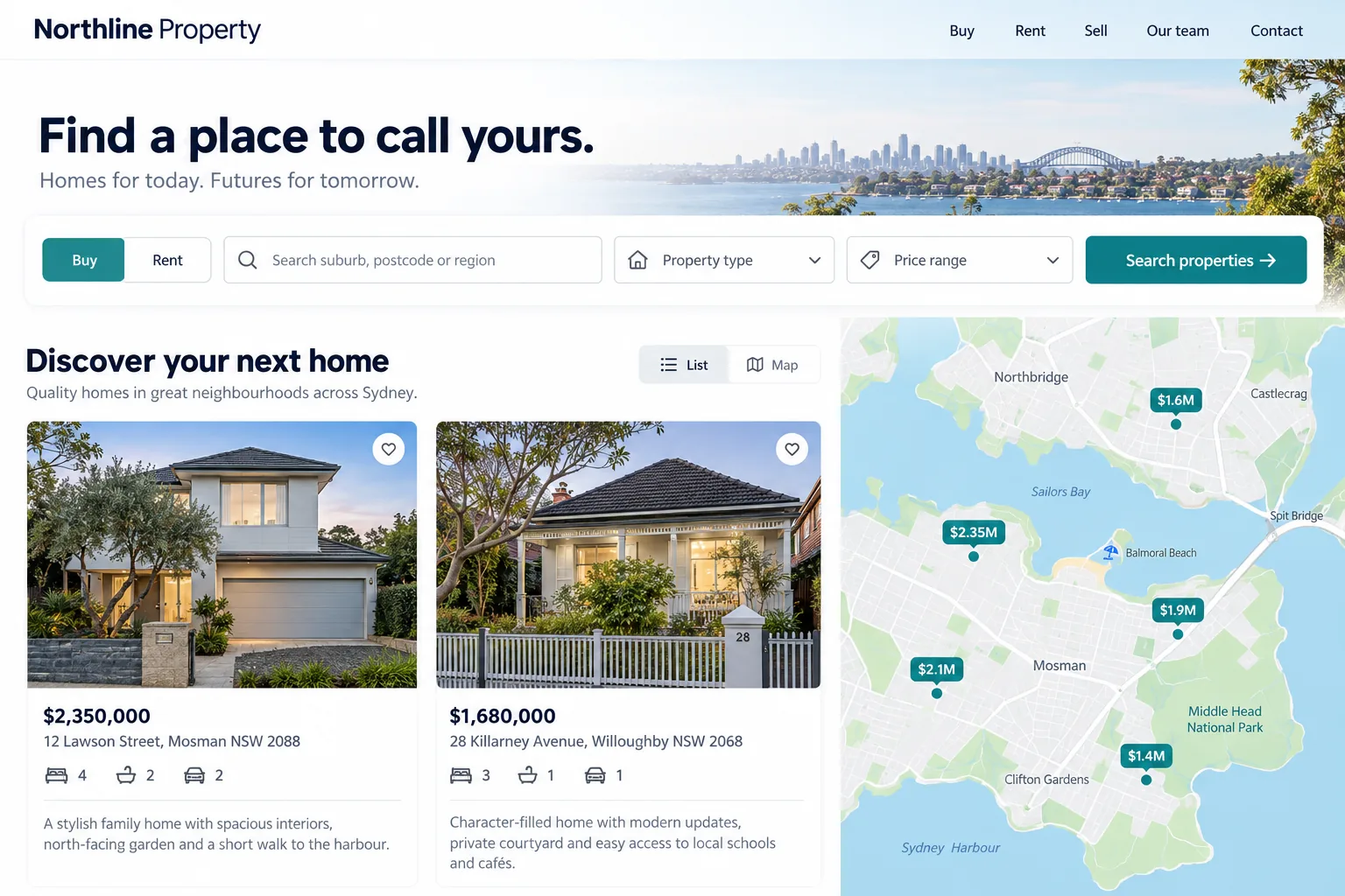 Northline Property real estate website with a property search bar, listing cards and a harbour map with price markers
