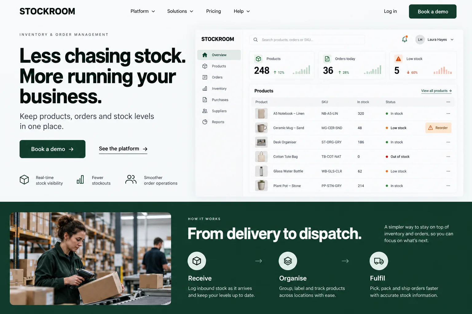 Stockroom inventory software website with a headline, demo button and a dashboard preview of products and stock levels