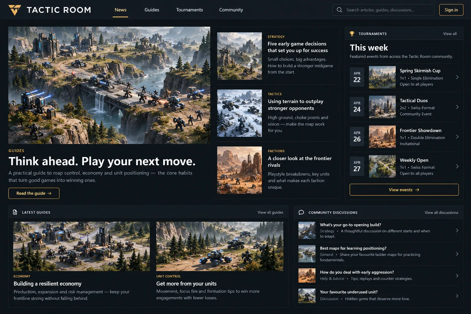 Tactic Room gaming website with a featured guide, strategy articles, tournament dates and community discussions